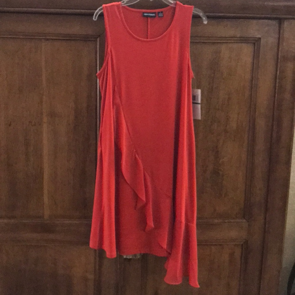 Nina Leonard red dress with asymmetric hemline